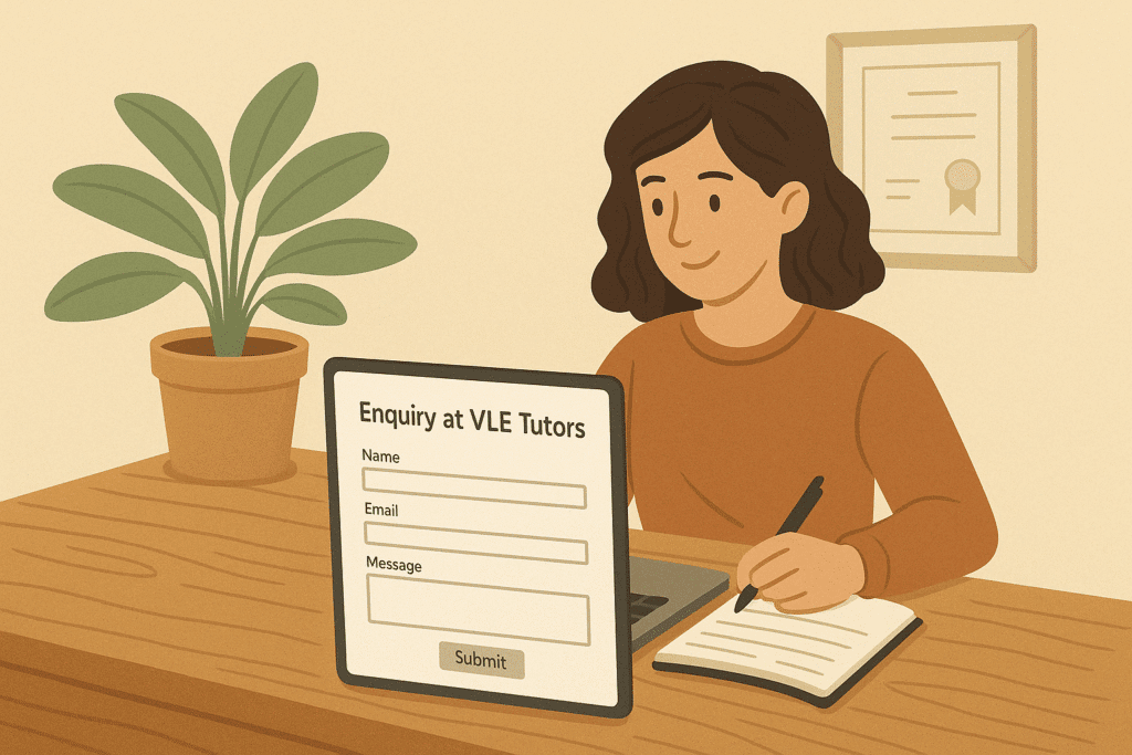 Illustration of a parent and child completing a tutoring enquiry form on a laptop for VLE Tutors