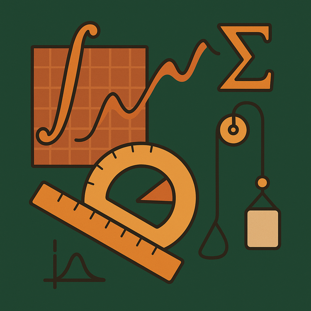 Advanced A-Level Maths illustration featuring graph, integral symbol, summation, pulley system, ruler, and protractor – VLE Tutors online tutoring