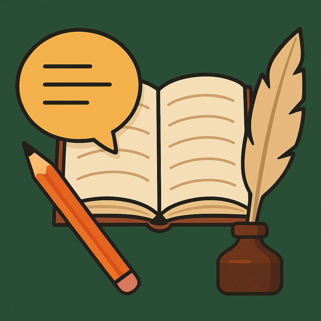 Flat-style GCSE English graphic showing open book, speech bubble, pencil, and quill – VLE Tutors online tutoring