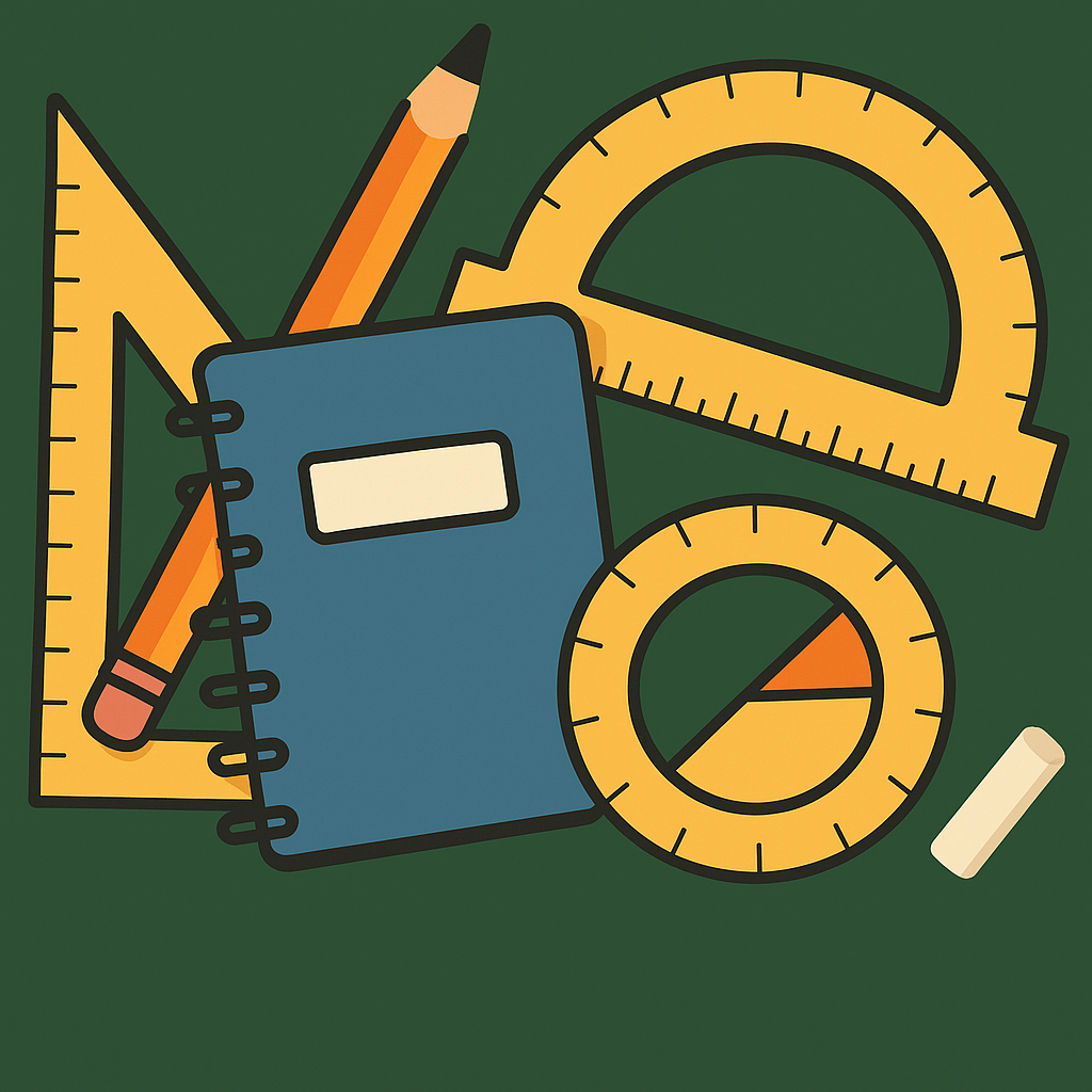 Illustration of GCSE maths tools including protractor, ruler, notebook, and pencil – VLE Tutors online tutoring