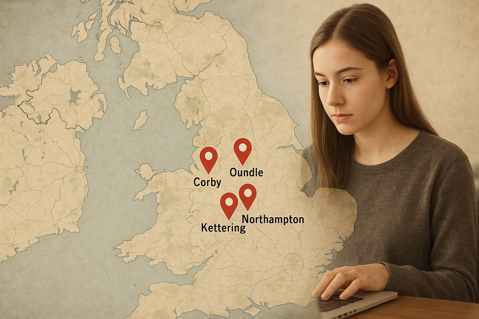 UK map showing online tutoring locations: Corby, Kettering, Oundle, Northampton