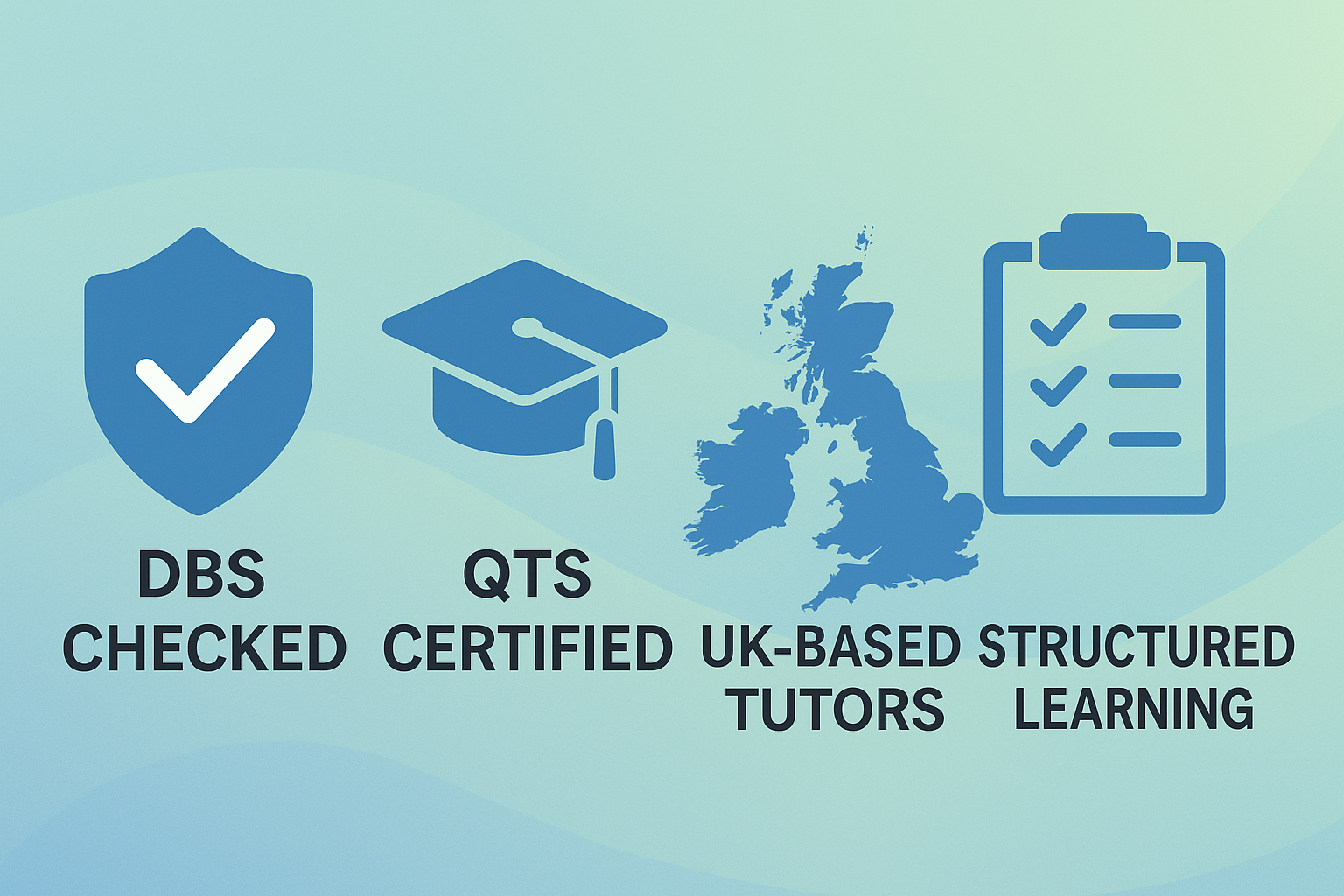 DBS checked, QTS certified, UK-based structured tutoring icons
