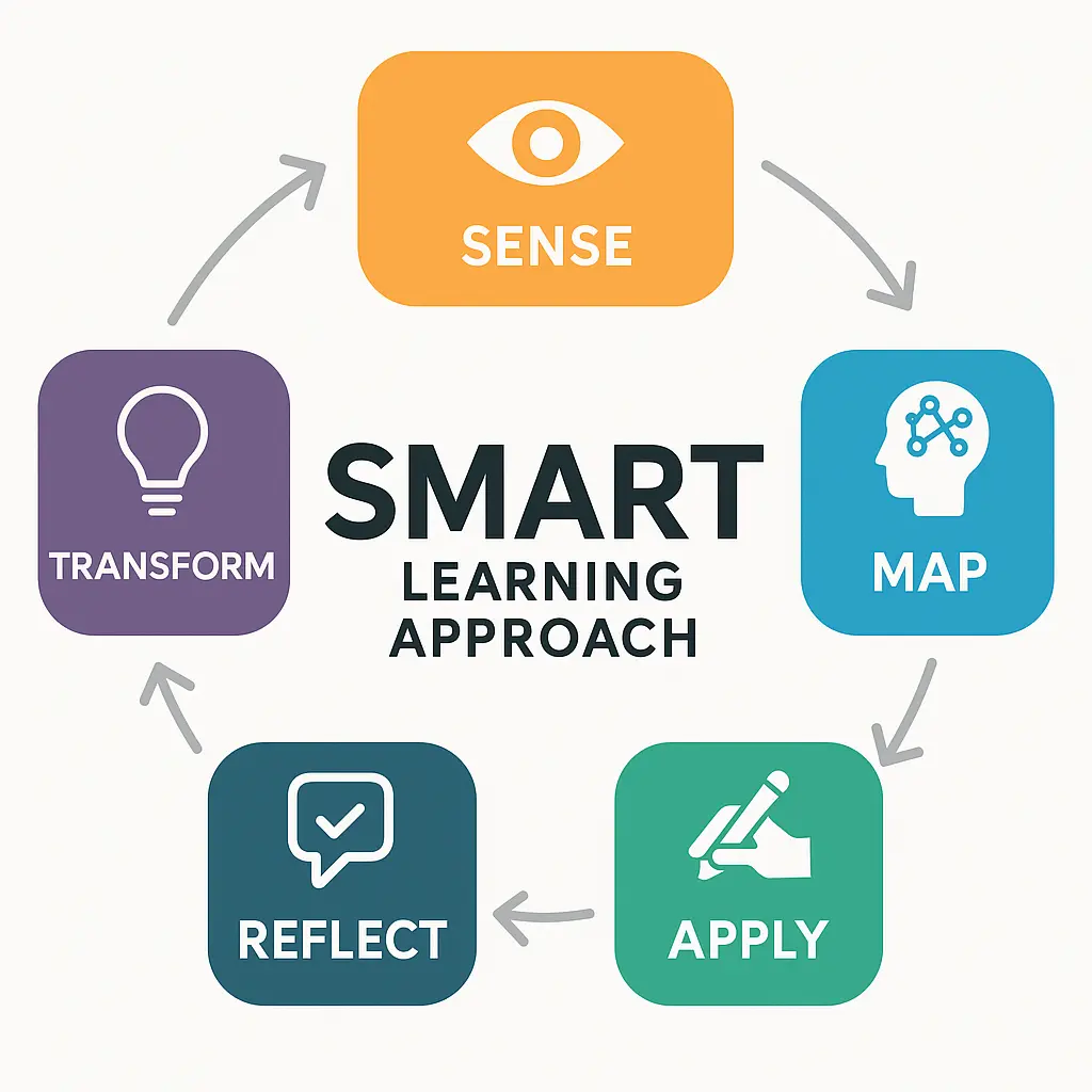 Diagram of VLE Tutors’ SMART Learning Approach showing Sense, Map, Apply, Reflect, and Transform
