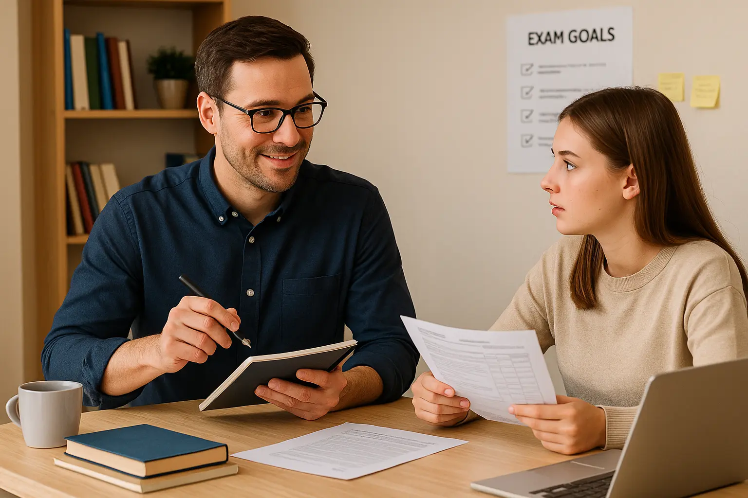 A-level student and tutor discussing exam resits with study materials and Exam Goals poster