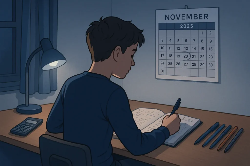 Teenage student revising for the 2025 GCSE Maths resit with VLE Tutors, shown studying at a desk with a calendar on the wall and maths materials under a lamp