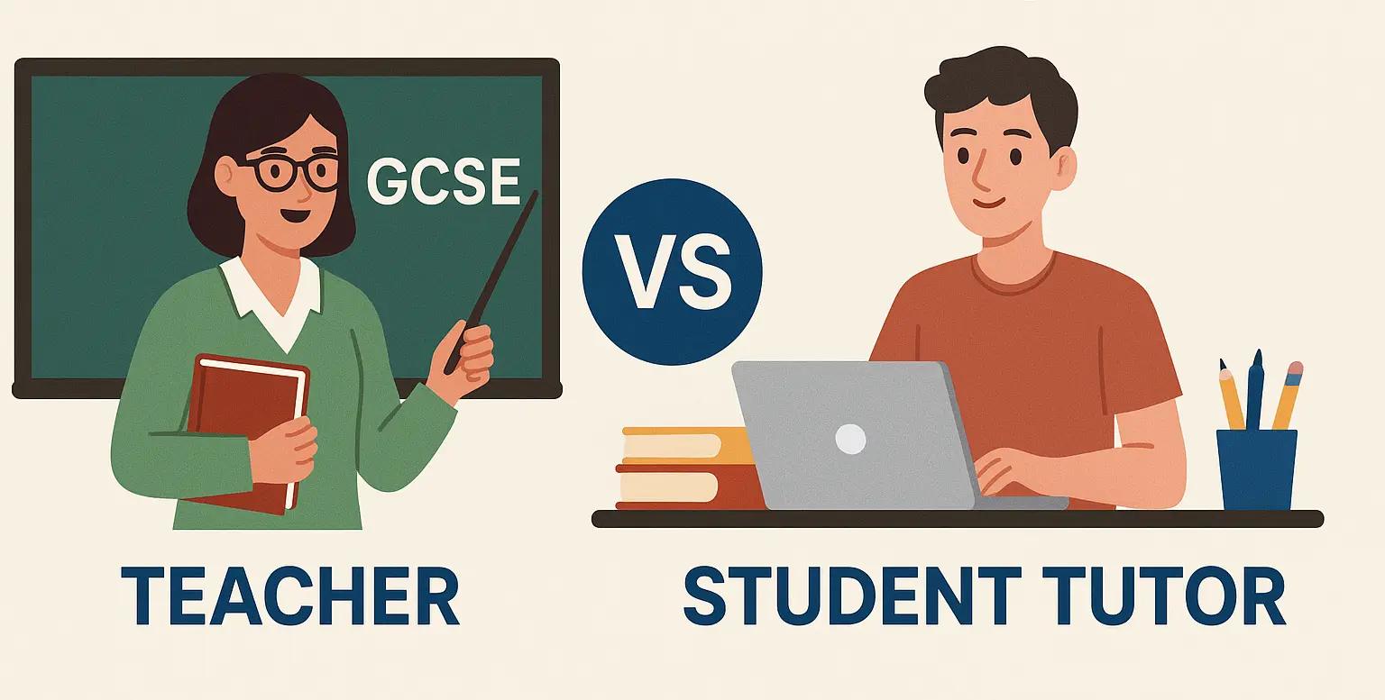 Illustration comparing GCSE teacher vs. student tutor with books and laptop – VLE Tutors"