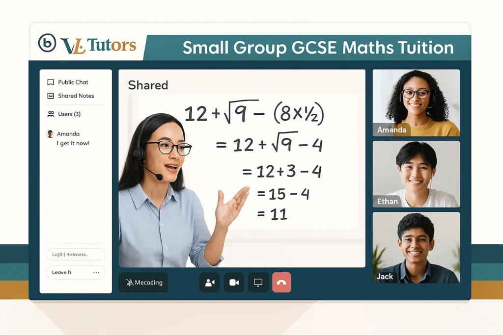 Small Group GCSE Maths Tuition – Affordable, Personalised & Proven 3 Screenshot of a VLE Tutors virtual small group GCSE Maths class using BigBlueButton, showing a teacher solving algebra and students engaging live