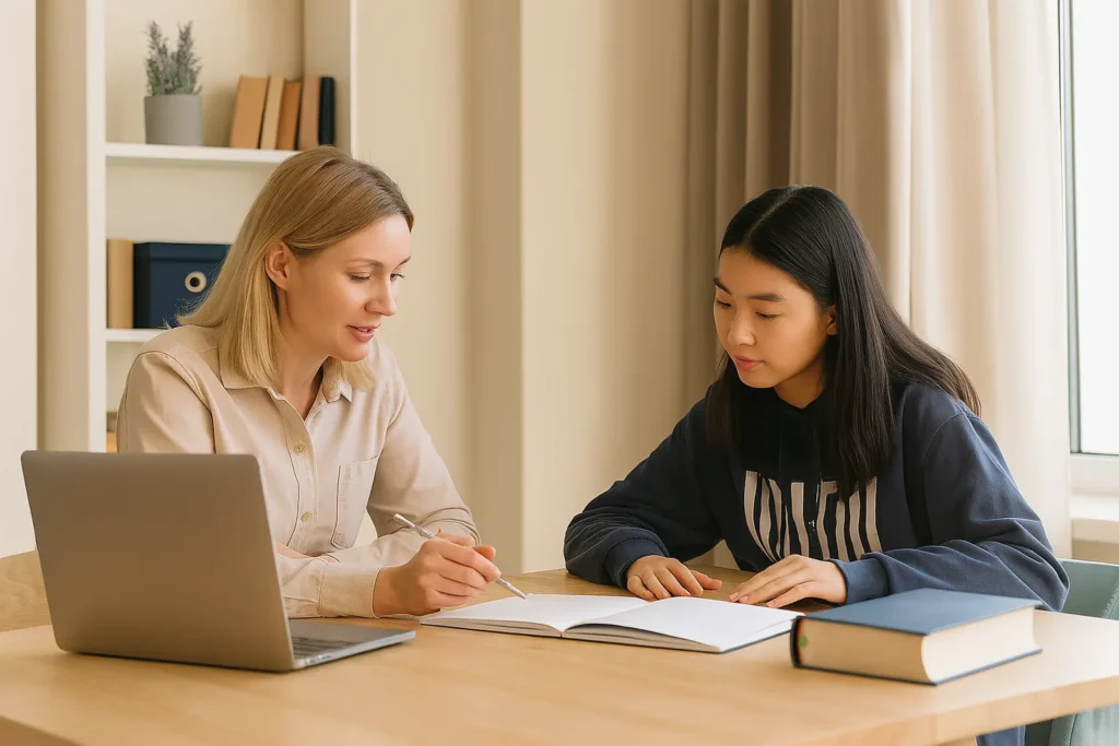 VLE Tutors GCSE English 1-to-1 tuition with qualified UK teacher supporting student at desk