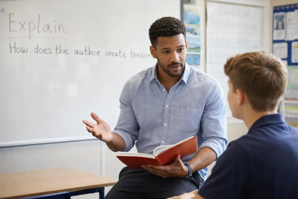 GCSE English teacher explaining how to answer explain questions to a student