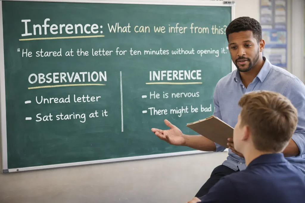 GCSE English teacher explaining inference questions using observation vs inference technique